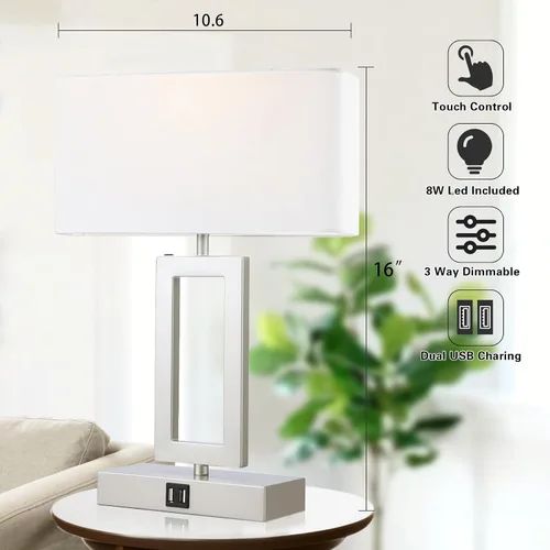 Miniatura 4 de gernehop - Juego de 2 lámparas de mesa plateadas con puertos USB duales, lámparas de noche con control táctil regulables de 3 vías, lámpara de mesa