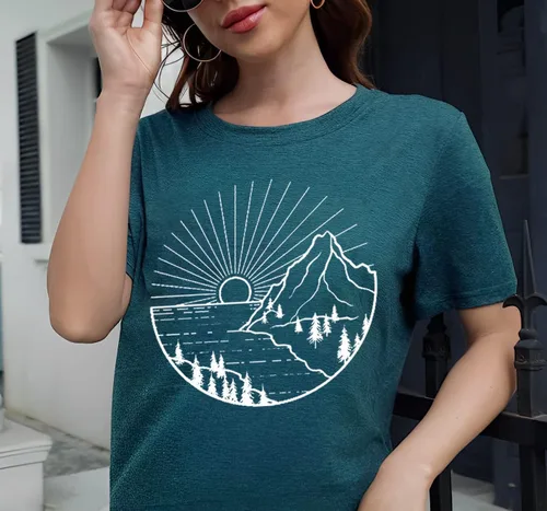 Miniatura 2 de Camiseta de senderismo para mujer, camiseta de montaña con estampado gráfico de naturaleza y amanecer, camiseta de verano de manga corta