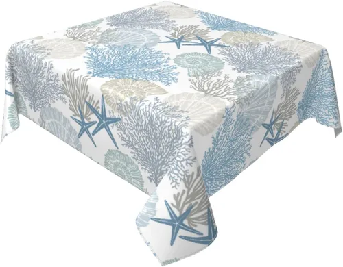 Miniatura 10 de Mantel náutico costero redondo de 60 pulgadas para verano, playa, estrella de mar, coral, conchas marinas, mantel decorativo con tela impermeable