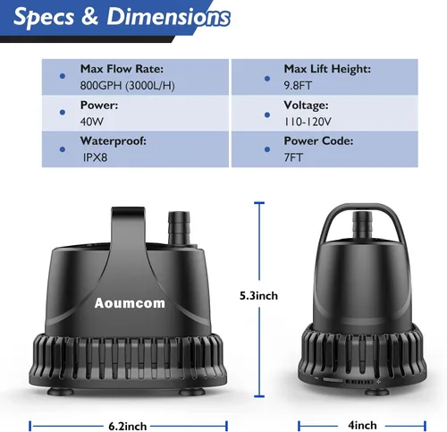 Miniatura 2 de Bomba de agua sumergible de 800 GPH, bomba de fuente de agua de 40 W, bomba de acuario, bomba de agua de 3000 l/h con cable de alimentación de 7
