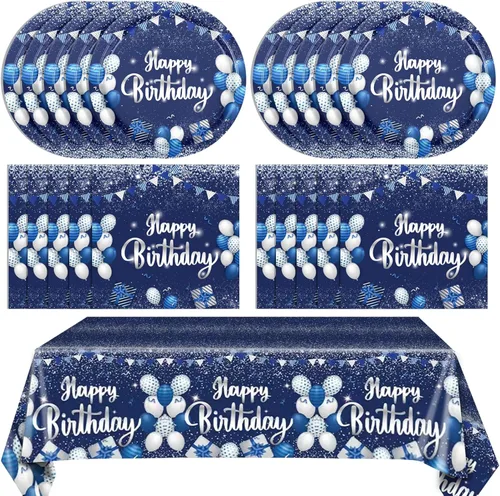 Miniatura 10 de Juego de 41 piezas de vajilla de decoración de fiesta de cumpleaños azul marino y negro, incluye platos, servilletas, mantel para hombres y mujeres