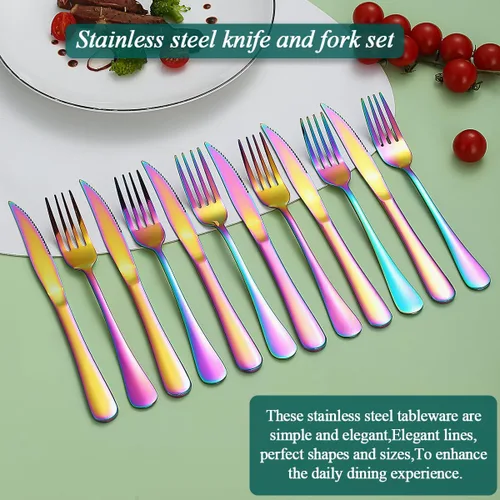 Miniatura 3 de Evanda Rainbow - Juego de cuchillos para carne, 12 piezas, acero inoxidable chapado en titanio arcoíris, 6 tenedores y 6 cuchillos de cena