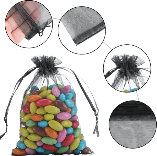Miniatura 5 de Kslong 100 bolsas pequeñas de malla con cordón de 3x4, bolsas de organza transparentes con cordón para joyería, bolsas de malla para favores de Negro