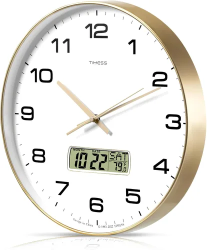 Miniatura 17 de Reloj de pared TIMESS, esfera de 10" sin tictac, silencioso, funciona con pilas, analógico con pantalla LCD para calendario perpetuo y temperatura