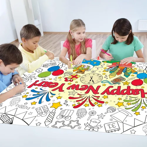 Miniatura 5 de Póster gigante para colorear con texto en inglés «Happy New Year» para niños y niñas, mantel gigante para colorear con libros grandes, para pared
