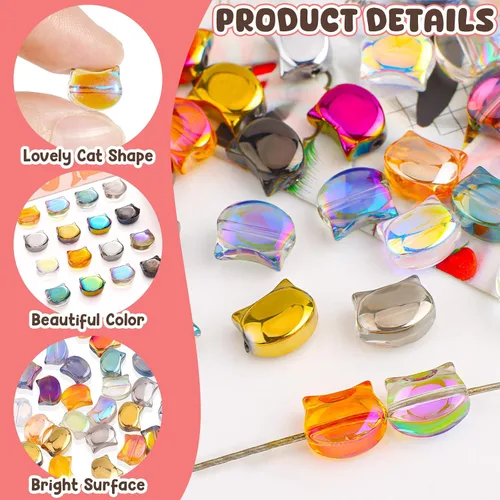 Miniatura 3 de 120 piezas de cuentas de cabeza de gato, cuentas de cabeza de gato de cristal chapadas en electrochapado, cuentas de vidrio hechas a mano
