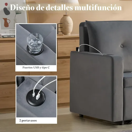 Miniatura 6 de Krcix Sofá cama extraíble 3 en 1, sofá cama de terciopelo de 56 pulgadas, sofá biplaza convertible para sala de estar, espacio pequeño, sofá cama