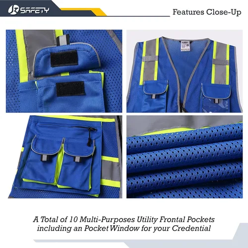 Miniatura 4 de JKSafety - Chaleco de seguridad de alta visibilidad con 10 bolsillos, color neón, cremallera frontal, malla para hombres y mujeres, utilidad