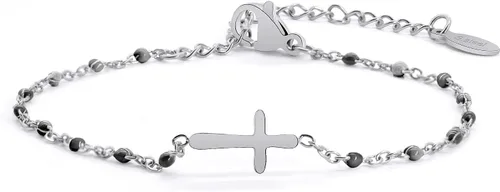 Miniatura 9 de Pulsera de Cuentas con Cruz Chapada en Oro de 14K para Mujeres, Pulsera de Acero Inoxidable Ajustable con Cruz de Fe Religiosa, Pulsera de Cadena