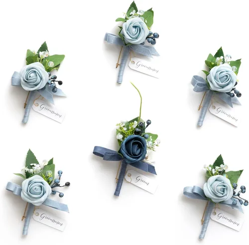 Miniatura 54 de Ling's Moment Boutonniere para Hombres Boda, Juego de 6, Novio y Padrinos Boutonniere para Boda Regreso a Casa Halloween Ceremonia Aniversario, Cena