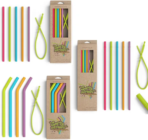Softy Straws - Paquete de 3 popotes curvados de 9 pulgadas de ancho + tamaño estándar de 8.25 pulgadas + popotes de vaso de 10.5 pulgadas con tapón,