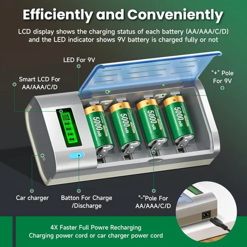 Miniatura 6 de Baterías C recargables con cargador, paquete de 6 baterías C de 1.2 V NiMH 5000 mAh, cargador de batería universal para C, D, 9 V, AA, AAA, función