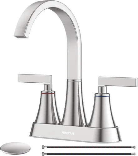 Hurran - Grifo de acero inoxidable, de 4 pulgadas, 3 orificios con drenaje emergente y líneas de suministro, giratorio 360, para el lavabo del baño,