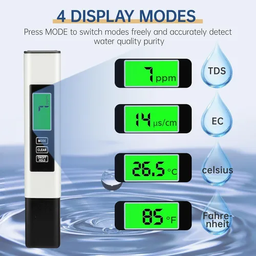 Miniatura 5 de Medidor digital TDS 4 en 1: probador de calidad del agua CE, temperatura (℃/℉) y 0-9999 ppm para agua potable, acuarios y sistemas RO-RODI (blanco)