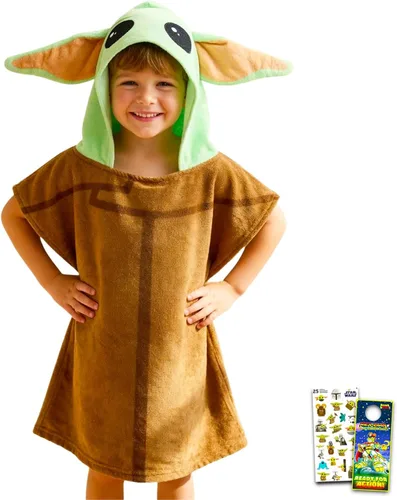 STAR WARS Baby Yoda Hooded Towel Set for Kids Boys Girls - The Mandalorian Bath Towel Poncho Bundle with Stickers and More | Baby Yoda Bathroom Set