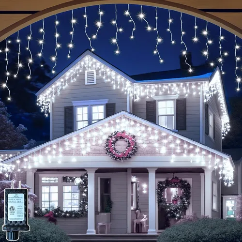 Miniatura 8 de Luces de carámbano de Navidad de 49 pies, 128 funciones, para exteriores, con 504 LED, 8 modos y temporizador, cortina de luces para exteriores
