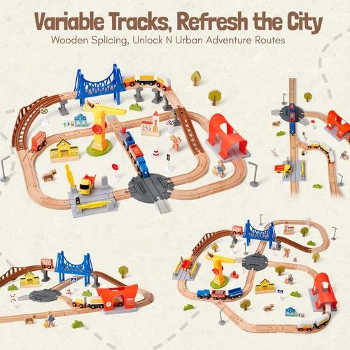 Miniatura 4 de Juego de tren de madera de 94 piezas, pista de tren de aventura moderna para niños con puente, túnel, grúa, edificios de la ciudad, compatible