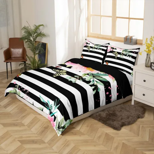 Miniatura 2 de Funda de edredón floral rosa, funda de edredón a rayas blancas y negras, juegos de ropa de cama rosa y negro, rosa con mariposa y hojas, elegante