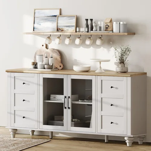 WAMPAT Aparadores Buffet con Puerta de Vidrio, Gabinetes de Almacenamiento de Cocina, Mesas de Bar de Café de Madera, Mesa de Gabinete de Blanco