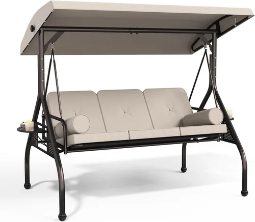 Miniatura 10 de Betterland Silla de columpio de 3 asientos para patio, columpio de porche al aire libre con cojines, almohadas y portavasos, columpio exterior Azul