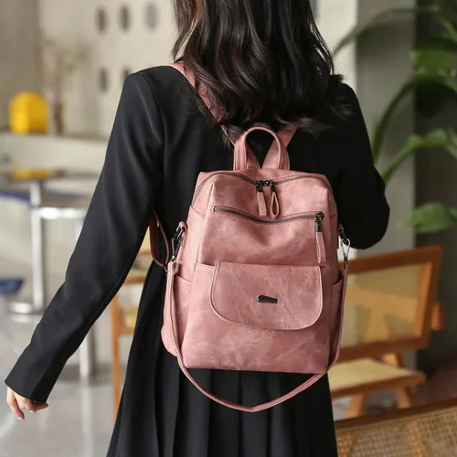 Miniatura 2 de Bolso tipo mochila para mujer, diseño multiusos, bolsos y bolso de hombro de piel sintética, Rosado, L, Mochilas de viaje casuales escolares