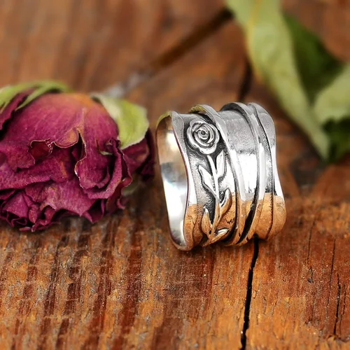Miniatura 7 de Boho-Magic Anillo giratorio de plata de ley 925 para mujer, diseño de flor rosa, alivio de la ansiedad, banda ancha