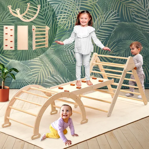 Miniatura 7 de PairPear Pikler - Juego de escalada triangular plegable para niños, 7 en 1, Montessori, grandes juguetes de escalada de madera, gimnasio de selva