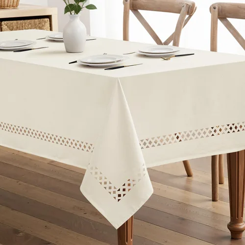 Miniatura 11 de MIULEE Mantel redondo de poliéster de lino beige con recortes decorativos, impermeable, resistente a las manchas y al encogimiento, 60 x 60
