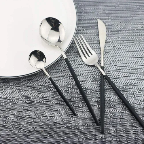 Miniatura 4 de JASHII Juego de cubiertos negros y plateados, cubiertos de acero inoxidable con acabado satinado, 20 piezas, utensilios de cocina, cubiertos pulidos