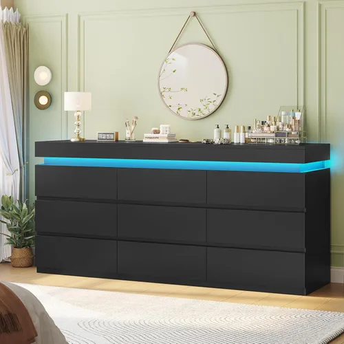 Miniatura 14 de HAUOMS Cómoda alta de 5 cajones con luz LED, cómoda moderna negra para dormitorio, cómodas de armario con cajones para sala de estar, entrada