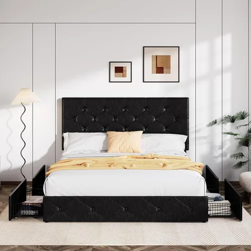 Miniatura 3 de Allewie Base de cama con plataforma tapizada tamaño Queen con 4 cajones de almacenamiento y cabecero, acolchado con botones de costura