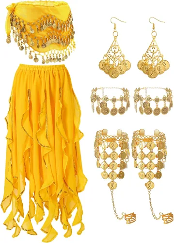 Miniatura 8 de Haysandy Conjunto de 8 piezas de danza del vientre para mujer, falda de danza del vientre, bufanda de cadera, 2 pulseras, aretes, pulsera de tobillo