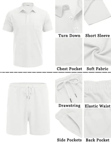Miniatura 5 de COOFANDY Conjunto de camisa polo y pantalones cortos de punto gofre para hombre, conjunto de 2 piezas, traje de verano casual con bolsillos