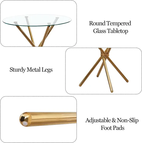 Miniatura 6 de Juego de comedor redondo de vidrio para 4 personas, mesa de comedor de vidrio compacta con sillas de piel sintética con patas doradas para espacios