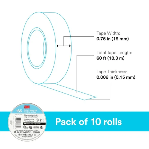 Miniatura 4 de 3M Temflex Cinta Eléctrica de Vinilo Multiusos 165, Gris, 3/4 pulgadas x 60 pies (19 mm x 18 m), Paquete de 10 Rollos