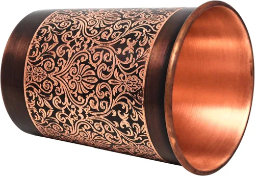 Miniatura 4 de Juego de 2 vasos de cobre, diseño floral, 8.5 fl oz (8.45 onzas líquidas) de capacidad para beneficios para la salud del ayurveda (recto)