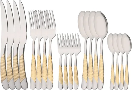 Juego de cubiertos de 20 piezas, acero inoxidable 18/0 para 4, juego de cubiertos de cocina, incluye cuchillo, tenedor/cuchara, cucharadita/tenedor