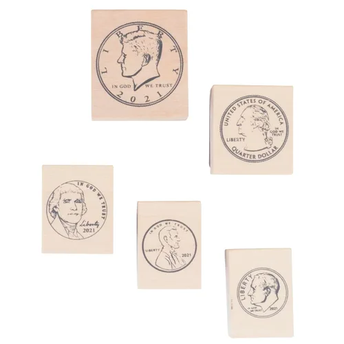 Miniatura 6 de READY 2 LEARN Sellos de monedas – Cabezas – Juego de 5 – Sellos de madera para monedas, matemáticas y actividades de bricolaje – Uso para tarjetas