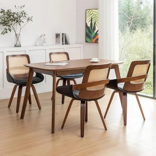 Miniatura 18 de Juego de 2 sillas de comedor de ratán verde, sillas de comedor modernas de mediados de siglo con marco de madera curvada de nogal, respaldo Nogal