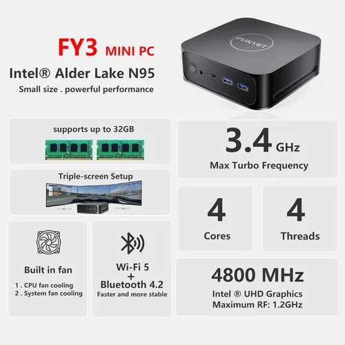 FUNYET Mini computadora de escritorio, Mini PC Gaming PC, con Intel 12ª generación Alder Lake N95(hasta 3.4GHz), 16GB DDR4 RAM 512GB SSD, compatible