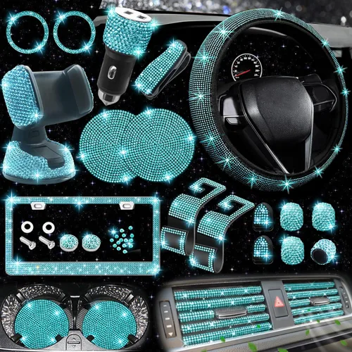 NBTEPEM 27 piezas de juego de accesorios brillantes para auto en color aguamarina para mujeres, fundas para volante de ajuste universal de 15