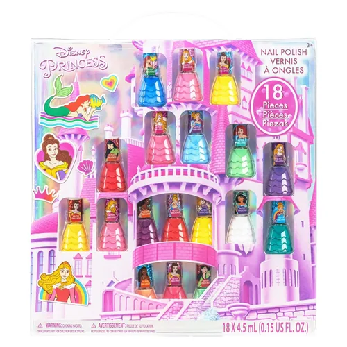 Townley Girl Disney Princess - Juego de 18 esmaltes de uñas a base de agua, secado rápido y despegable, juego de pintura de uñas para niñas de 3 años