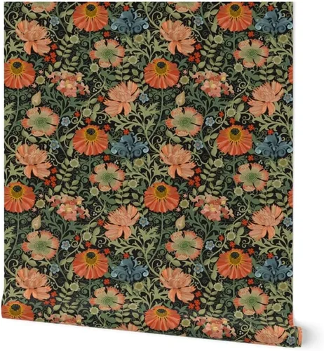Papel tapiz para despegar y pegar, diseño Art Nouveau con flores negras, diseño floral, decoración de jardín, papel pintado extraíble Spoonflower
