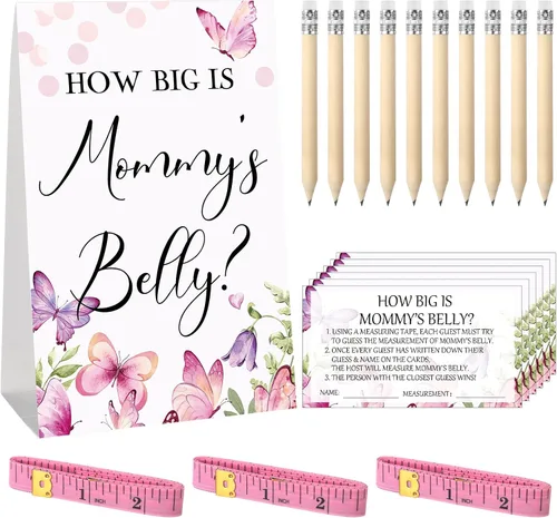 Miniatura 15 de Sabary 64 Piezas Juegos de Baby Shower Incluyen Letrero How Big is Mommy's Belly Sign Measure Bump Game 50 Tarjetas 10 Lápices 3 Cintas Métricas