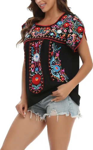 Miniatura 5 de YZXDORWJ Blusa de verano para mujer, estilo bohemio, estilo mexicano, con bordado, estilo bohemio