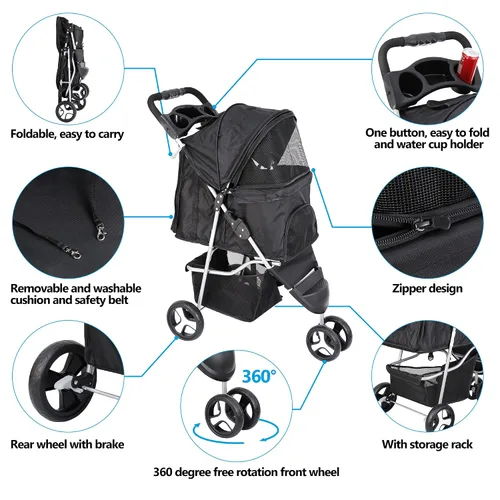 Miniatura 8 de ZENY Cochecito plegable para mascotas, cochecito para gatos/perros con 3 ruedas, carrito de paseo para mascotas, transportador de viaje para perros