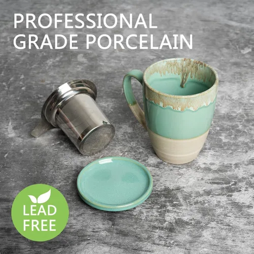 Miniatura 3 de Bosmarlin Taza de té de cerámica con infusor y tapa, 13.5 onzas, 5 colores a elegir, apta para lavavajillas y microondas, esmalte reactivo, taza