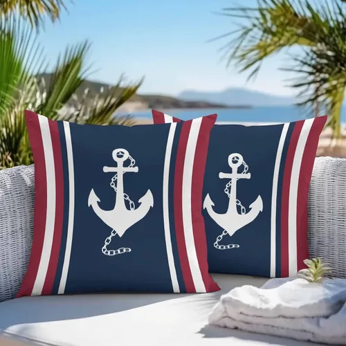 Chucoco Fundas de almohada impermeables para exteriores, con ancla blanca náutica, azul marino, rojo, decorativas, arte de color geométrico, paquete