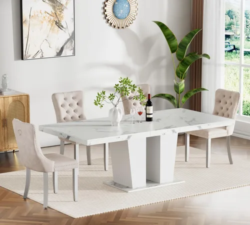Miniatura 108 de Juego de mesa de comedor extensible de 5 piezas, juego de mesa de comedor extensible de estilo granja para 4, mesa de cocina expandible de madera