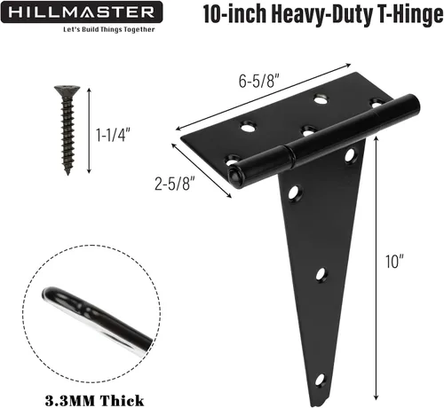 Miniatura 2 de HILLMASTER Bisagras de puerta de cobertizo de 10 pulgadas con correa en T resistentes, bisagras de correa en T negras, bisagra en T forjada